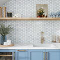 Polished hexagonal Thassos, Blue Celeste, Paper White marble mosaic tile backsplash in kitchen wall