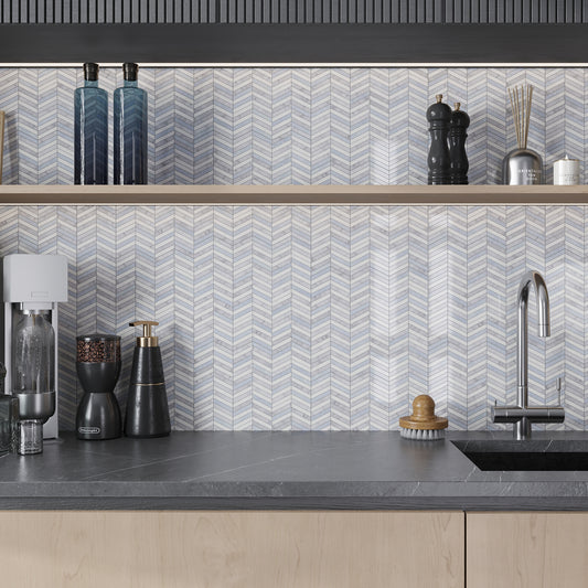 White Gray Blue 12x12 Polished Chevron Marble Mosaic Tile (5 pack, 5 sq ft/case)