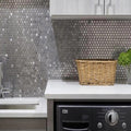 Lead gray polished metal penny round mosaic tile backsplash, 12x12 inch sheets