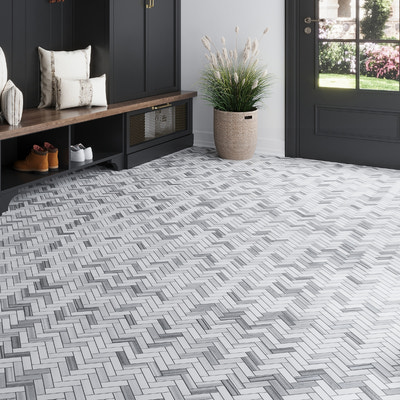 gray polished herringbone equator marble mosaic tile flooring with reflective finish