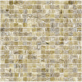 Glossy golden brown 12x12 uniform square glass mosaic tile sheet with marbled pattern
