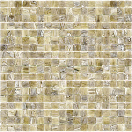 Glossy golden brown 12x12 uniform square glass mosaic tile sheet with marbled pattern