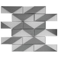 Gray and silver glossy glass brick mosaic tile in 12x12 layout featuring geometric diagonal patterns