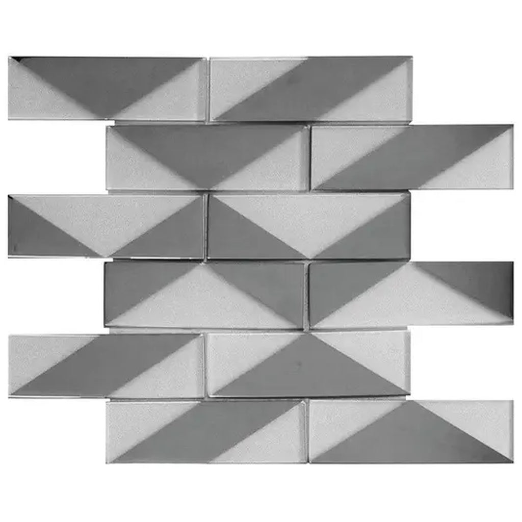 Gray and silver glossy glass brick mosaic tile in 12x12 layout featuring geometric diagonal patterns