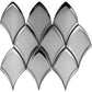 Glossy gray and silver arabesque fan-shaped glass mosaic tiles arranged in a pattern