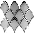 Glossy gray and silver arabesque fan-shaped glass mosaic tiles arranged in a pattern