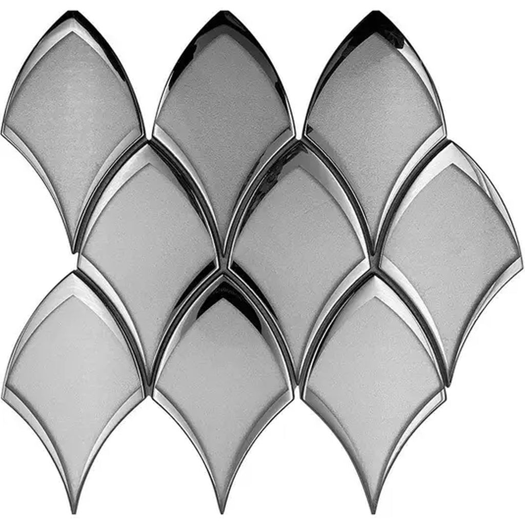 Glossy gray and silver arabesque fan-shaped glass mosaic tiles arranged in a pattern