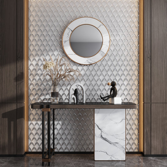 Gray, Silver 10x12 Glossy Glass Arabesque, Fan Mosaic Tile (4.25 sq ft/case, 5-Pack)