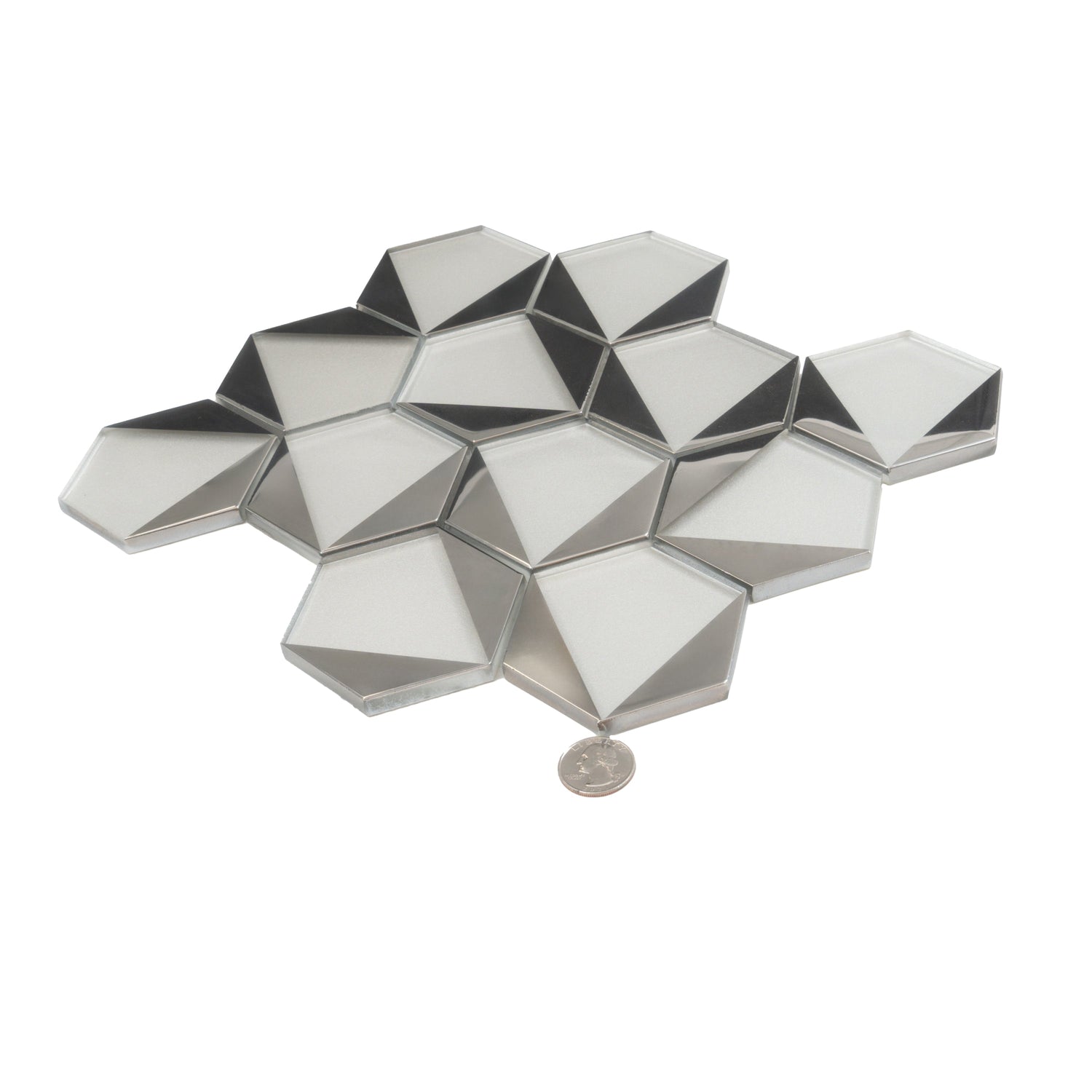 Sample - Gray, Silver 9x11 Glossy Glass Hexagon Mosaic Tile (3.28 sq ft/case, 5-Pack)