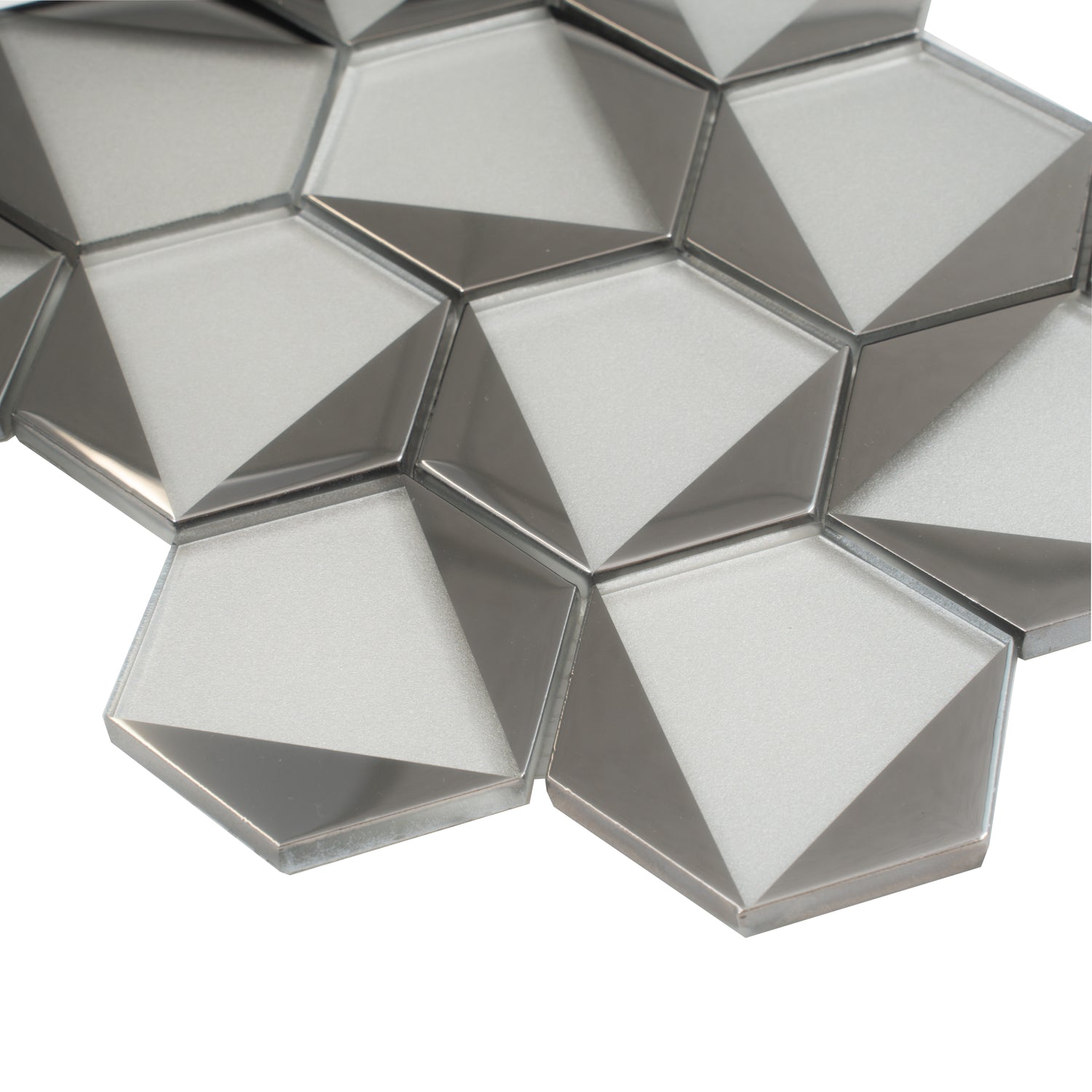 Gray, Silver 9x11 Glossy Glass Hexagon Mosaic Tile (3.28 sq ft/case, 5-Pack)
