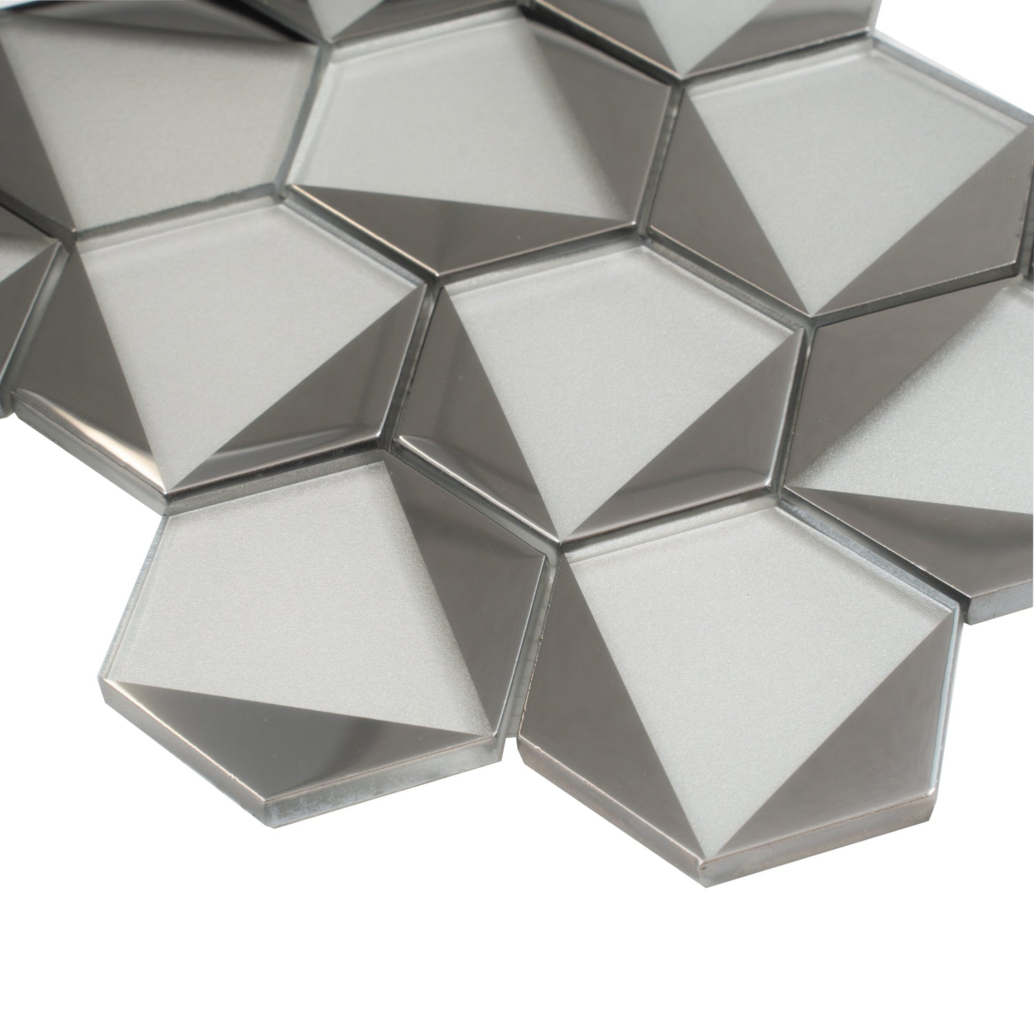Sample - Gray, Silver 9x11 Glossy Glass Hexagon Mosaic Tile (3.28 sq ft/case, 5-Pack)