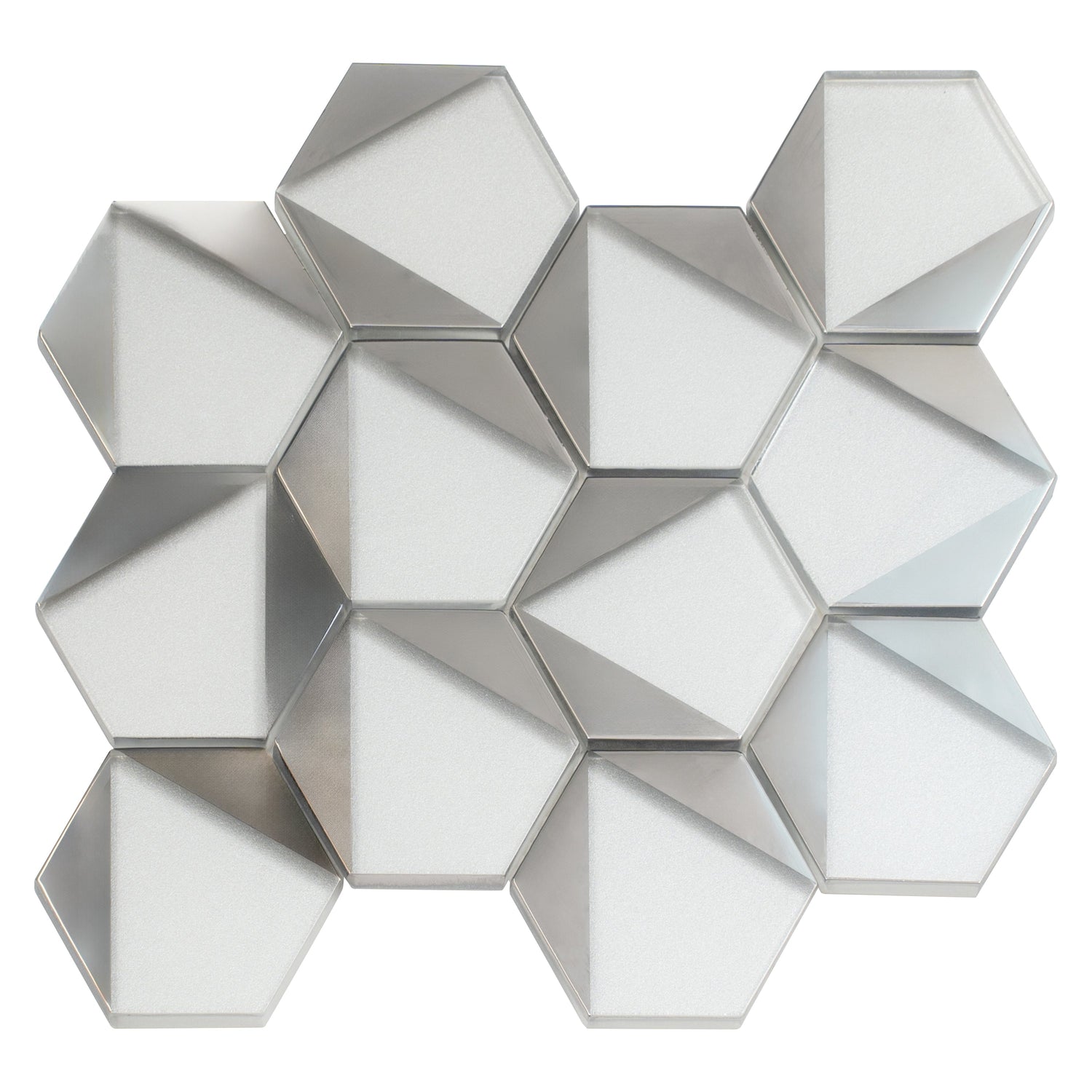 Sample - Gray, Silver 9x11 Glossy Glass Hexagon Mosaic Tile (3.28 sq ft/case, 5-Pack)