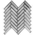Glossy gray and silver glass herringbone mosaic tile sheet 12x12 inches with sleek finish