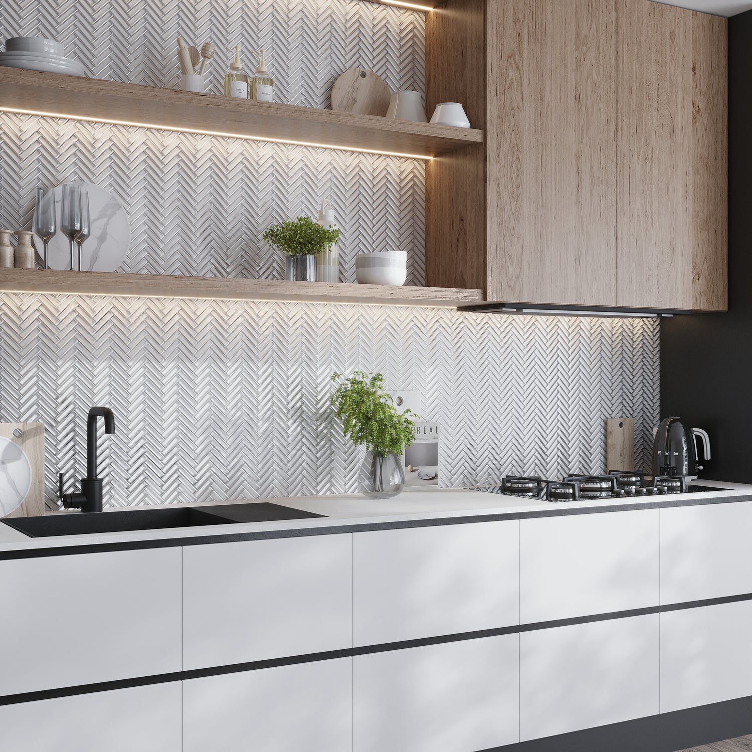 Gray, Silver 12x12 Glossy Glass Herringbone Mosaic Tile (4.59 sq ft/case, 5-Pack)