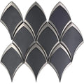 Glossy gray glass arabesque fan mosaic tile with silver edges, 10x12 inches, 4.25 sq ft per case
