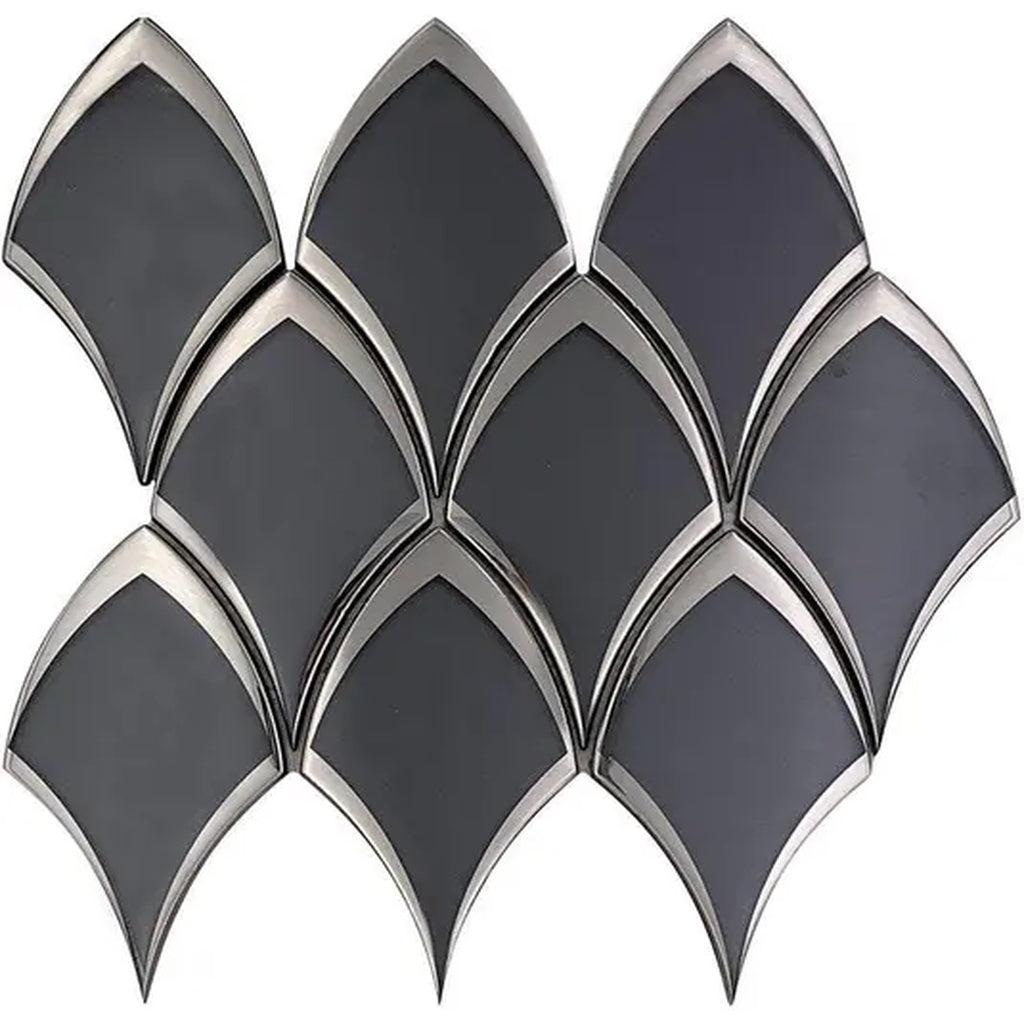 Glossy gray glass arabesque fan mosaic tile with silver edges, 10x12 inches, 4.25 sq ft per case