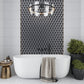 Glossy gray glass arabesque fan mosaic tile with intricate curving pattern in 10x12 inches