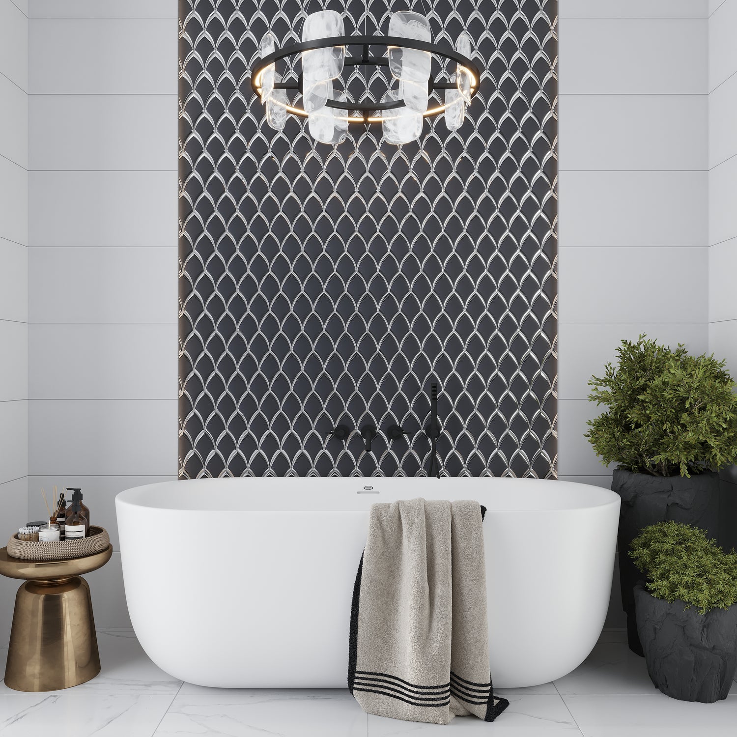 Glossy gray glass arabesque fan mosaic tile with intricate curving pattern in 10x12 inches