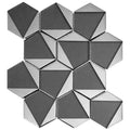 Glossy gray glass hexagon mosaic tiles with beveled edges arranged in a 9x11 layout