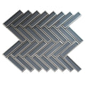 Glossy gray glass herringbone mosaic tile sheet showcasing glossy rectangular tiles in 12x12 pattern