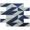 blue and gray glossy glass brick mosaic tiles with diagonal pattern arranged in staggered rows