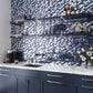 Glossy blue and gray 12x12 glass brick mosaic tile backsplash with geometric pattern