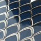 Glossy blue and gray glass arabesque fan mosaic tile with reflective silver edges, 10x12 inches