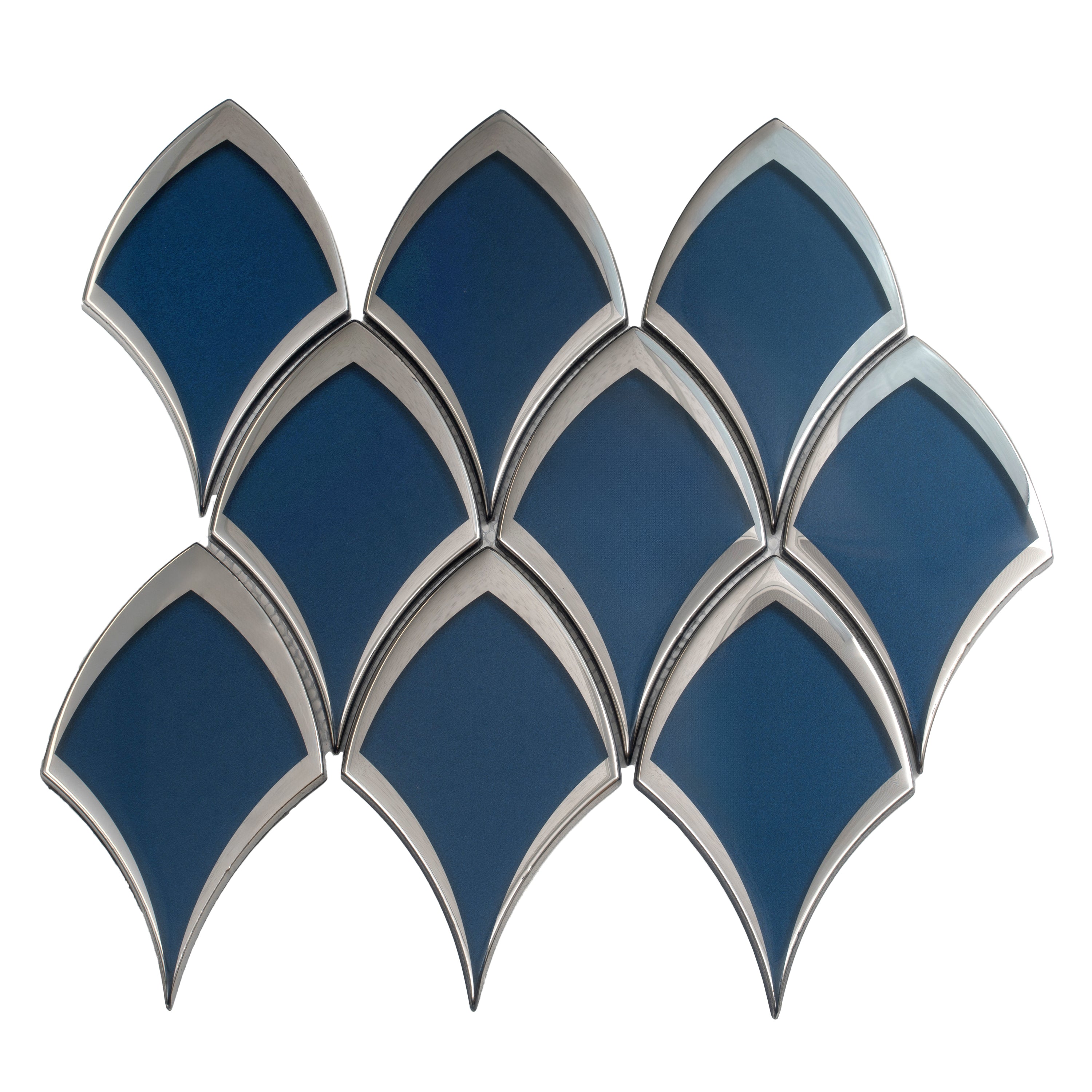 Blue and gray glossy glass kitchen backsplash mosaic tile in a fan pattern