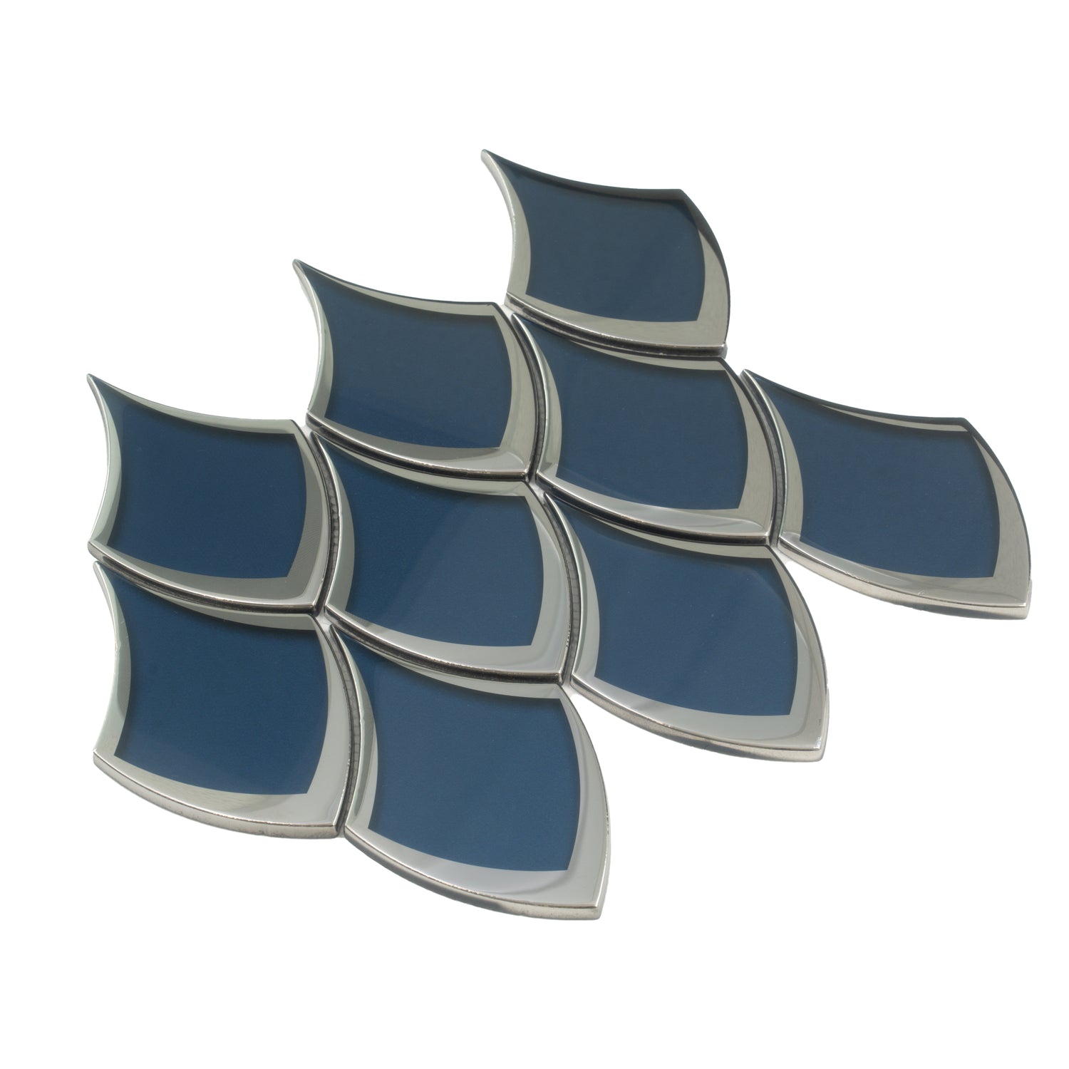 blue and gray glossy glass arabesque fan mosaic tile with curved edges
