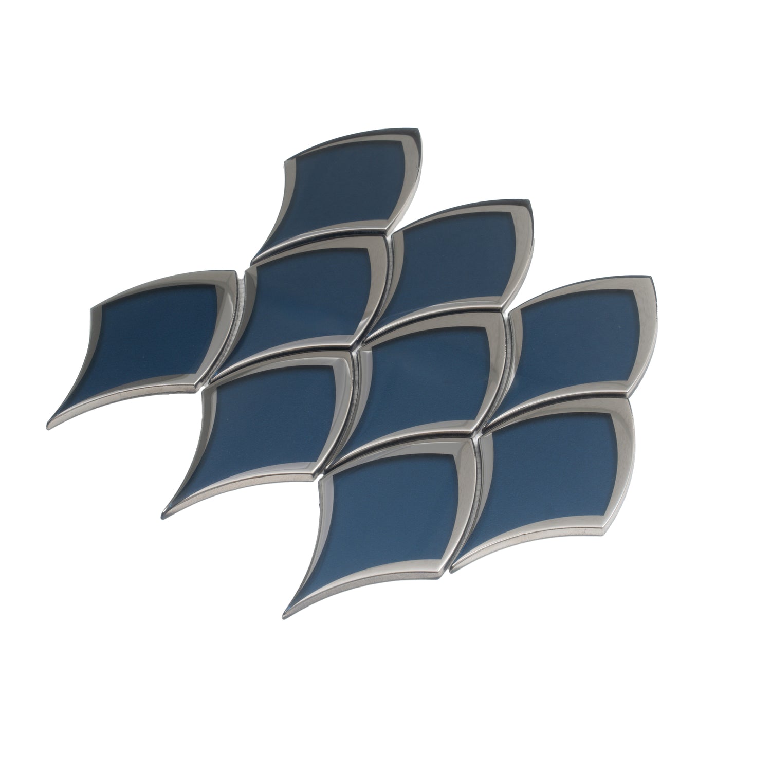 Glossy blue and gray glass arabesque fan mosaic tile with silver edging in 10x12 dimensions