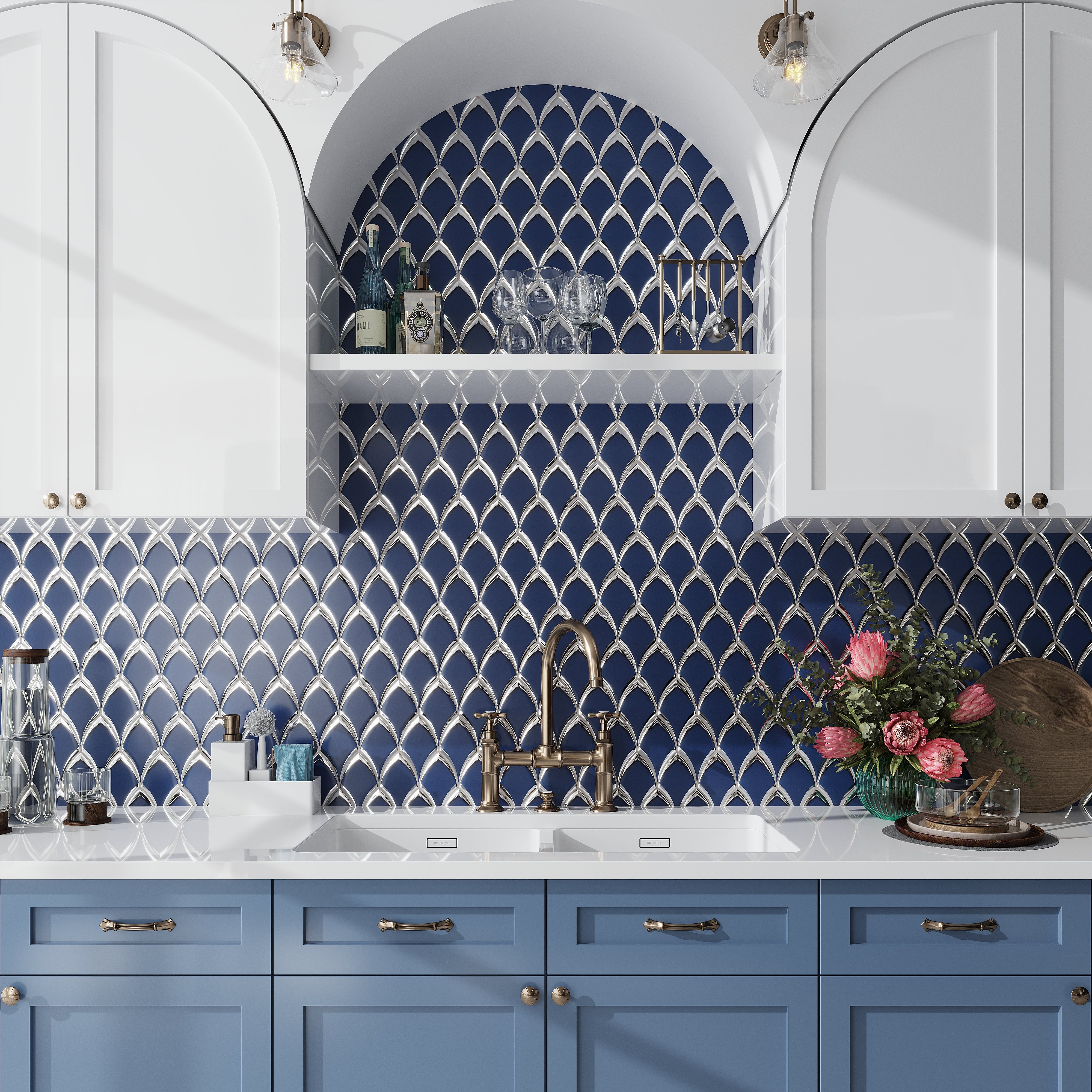 Blue and gray glossy glass backsplash mosaic tile installed in a modern kitchen