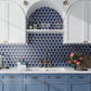 Glossy blue and gray 10x12 glass arabesque fan mosaic tile backsplash in kitchen