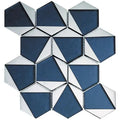 blue and gray glossy glass hexagon mosaic tiles with geometric pattern