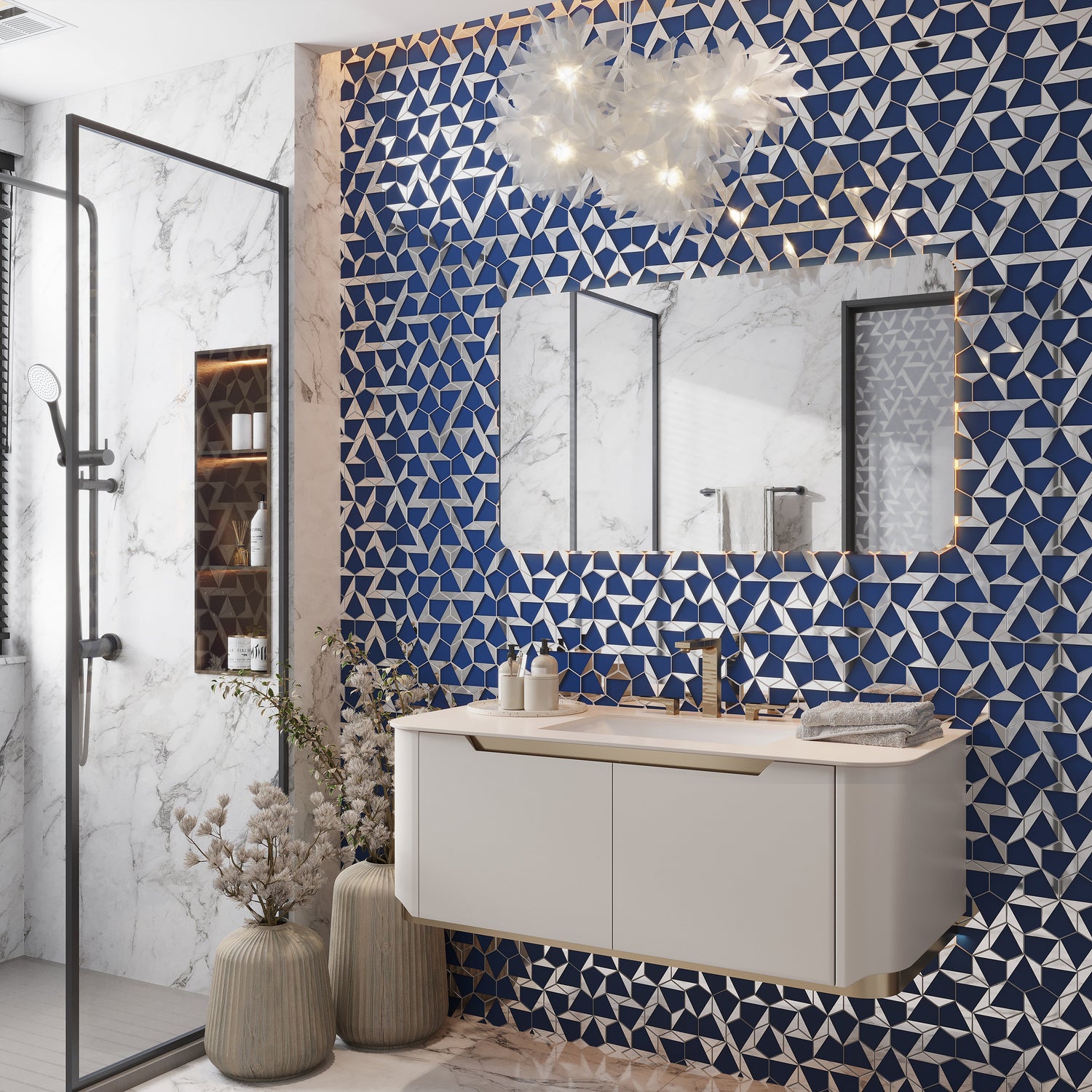 Sample - Blue, Gray 9x11 Glossy Glass Hexagon Mosaic Tile (3.28 sq ft/case, 5-Pack)