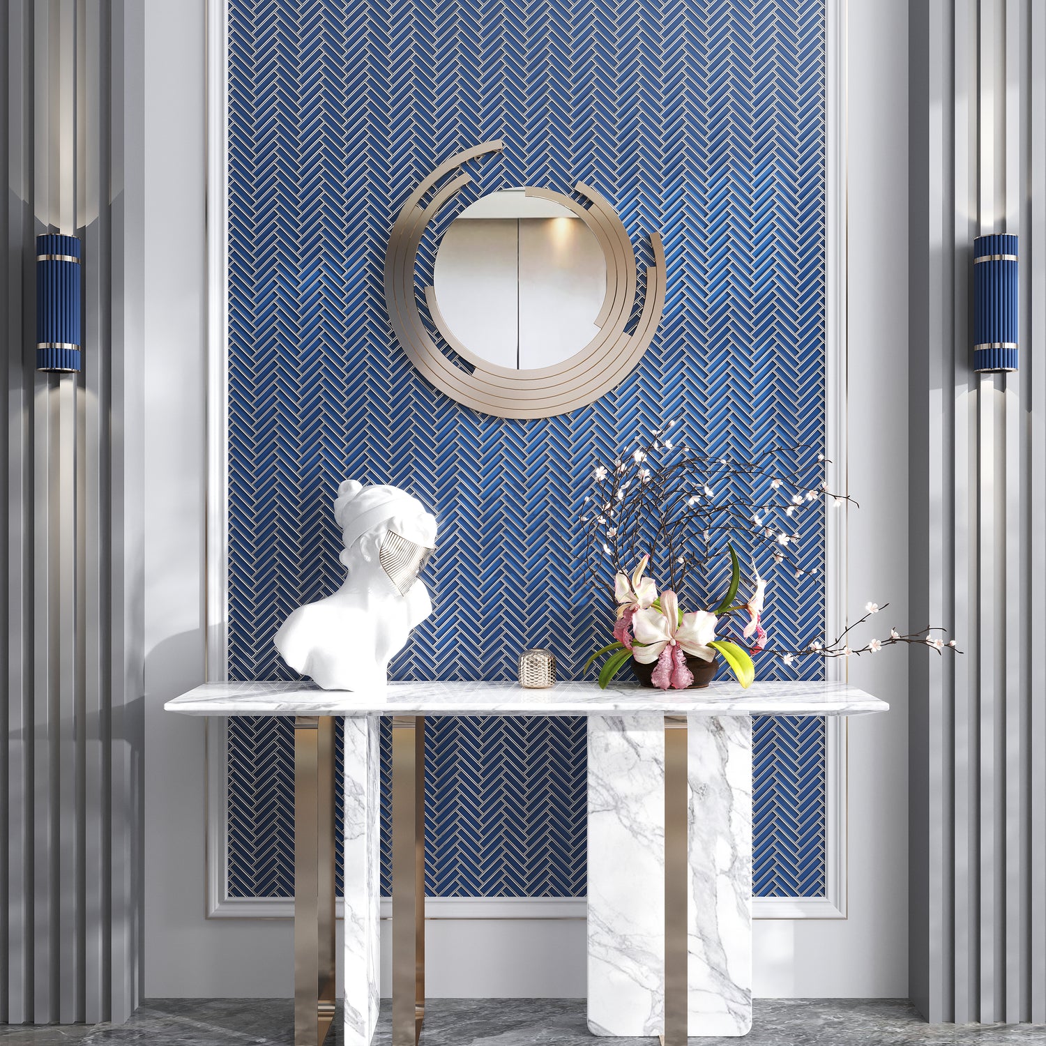 Blue, Gray 12x12 Glossy Glass Herringbone Mosaic Tile (4.59 sq ft/case, 5-Pack)