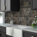Black 4x4 glossy ceramic square tiles as kitchen backsplash and wall covering