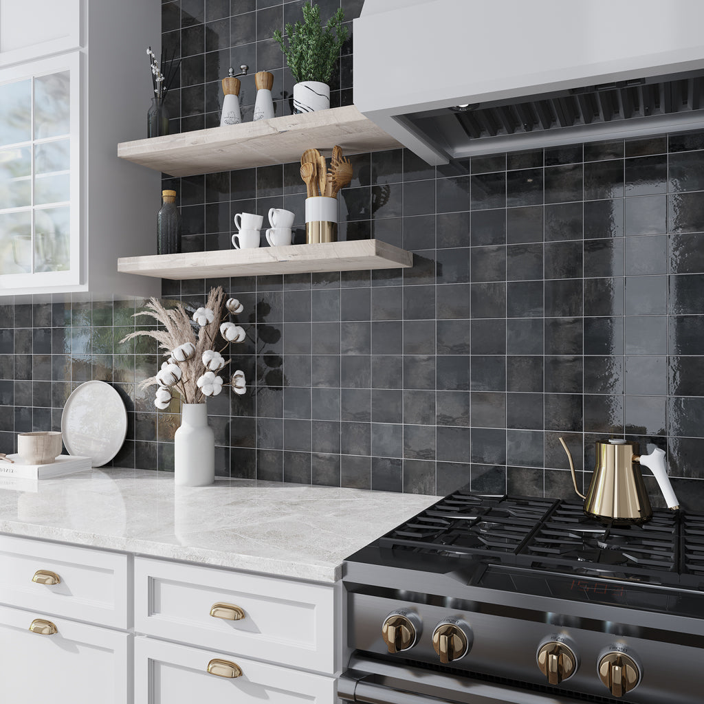 Black 4x4 Glossy Square Ceramic Tile (50 pack, 5.39 sq ft/case) - Sample