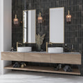 glossy black ceramic subway wall tile 2.5x8 inches in bathroom setting