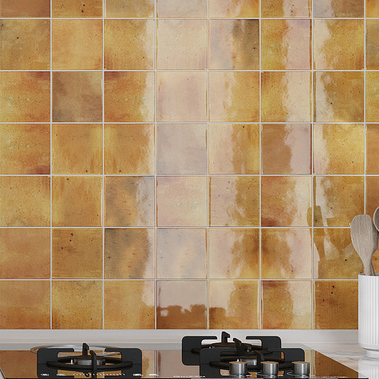 Honey orange glossy 4x4 ceramic square tiles on kitchen wall