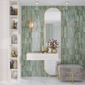 Glossy sage green ceramic subway tile 2.5x8 inches on wall for bathroom or kitchen backsplash