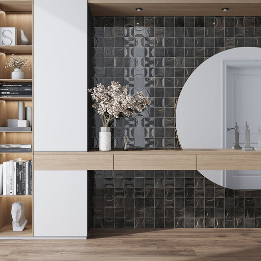 Black 4x4 Glossy Ceramic Square Deco Tile (50 pack, 5.39 sq ft/case) - Sample