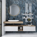 Glossy spruce blue ceramic subway tile 3x8 inch on bathroom wall