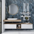 glossy blue ceramic subway tiles 2.5x8 inches on bathroom wall