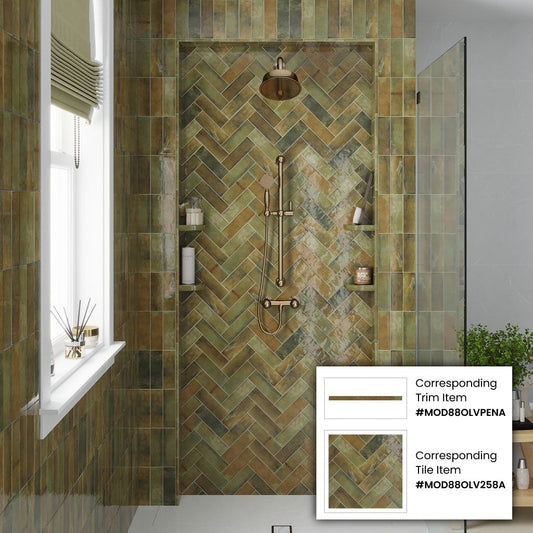 Sample-Olive Green 0.5x8 Glossy Ceramic Pencil Tile Trim (10 pack, 0.7 sq ft/case)