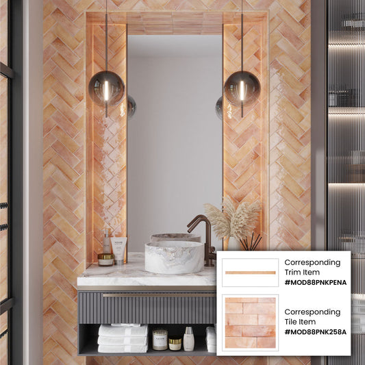 Pink 0.5x8 Glossy Ceramic Pencil Tile Trim (10 pack, 0.7 sq ft/case) - Sample