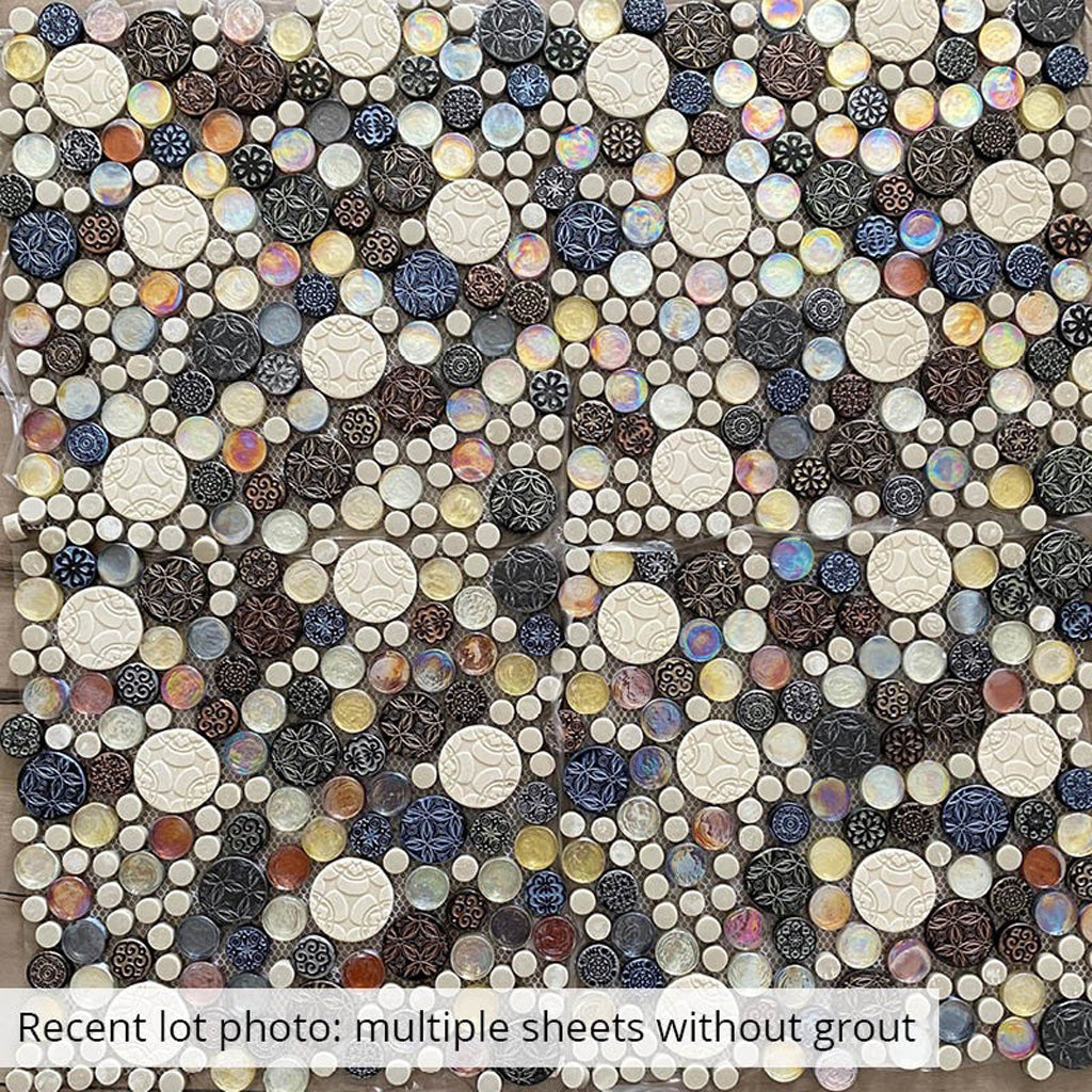 Multicolor 12x12 Glossy Textured Penny Round Glass Resin Mosaic Tile (5 pack, 5 sq ft/case) - Sample