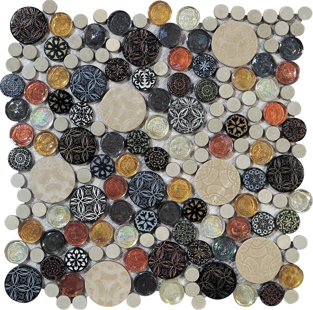 Multicolor 12x12 Glossy Textured Penny Round Glass Resin Mosaic Tile (5 pack, 5 sq ft/case) - Sample