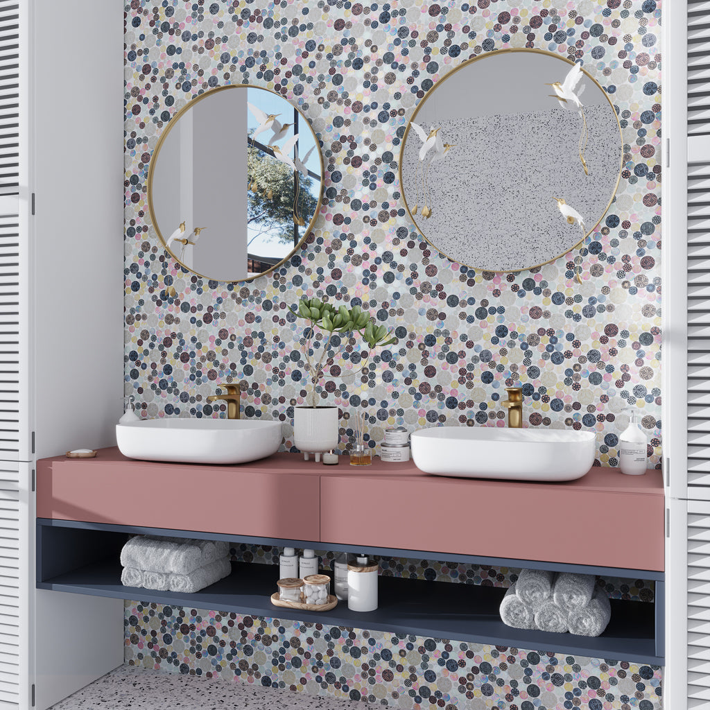 Multicolor 12x12 Glossy Textured Penny Round Glass Resin Mosaic Tile (5 pack, 5 sq ft/case) - Sample