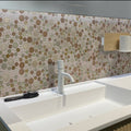 Multicolor 12x12 glossy textured penny round glass resin mosaic tile on bathroom backsplash
