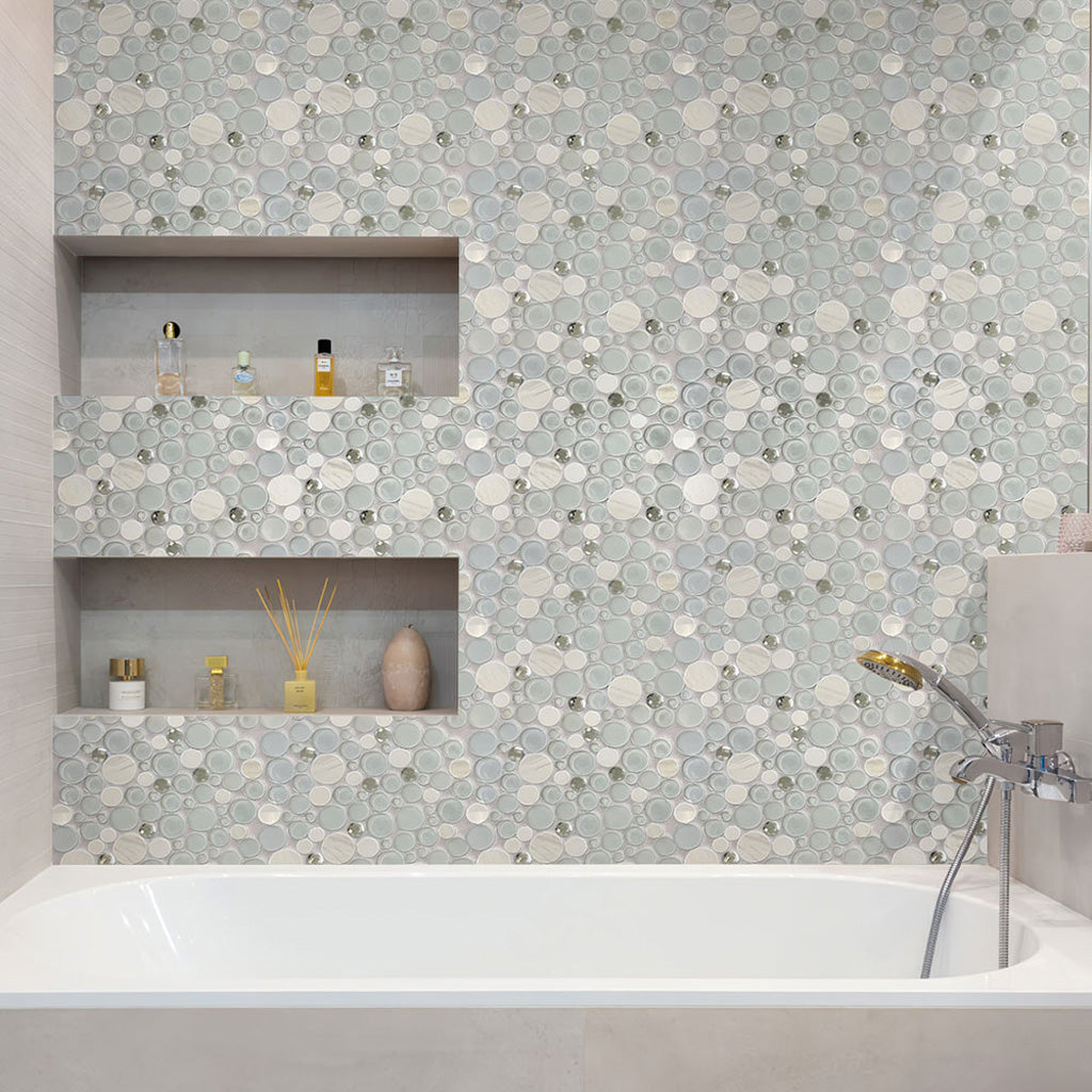 White 12x12 Glossy Matte Penny Round Glass Marble Mosaic Tile (5 pack, 4.67 sq ft/case) - Sample